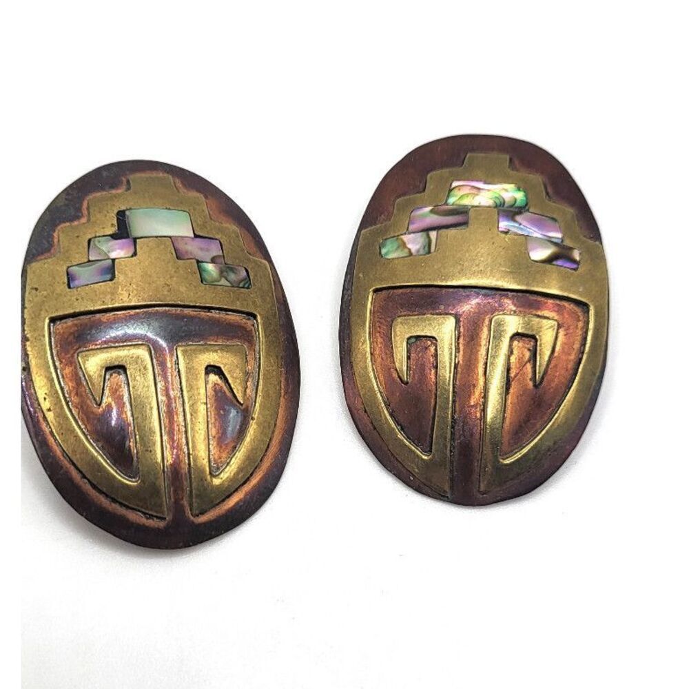 Copper Brass Abalone Scarab Bohemian Chunky Artisan Made Earrings 2in